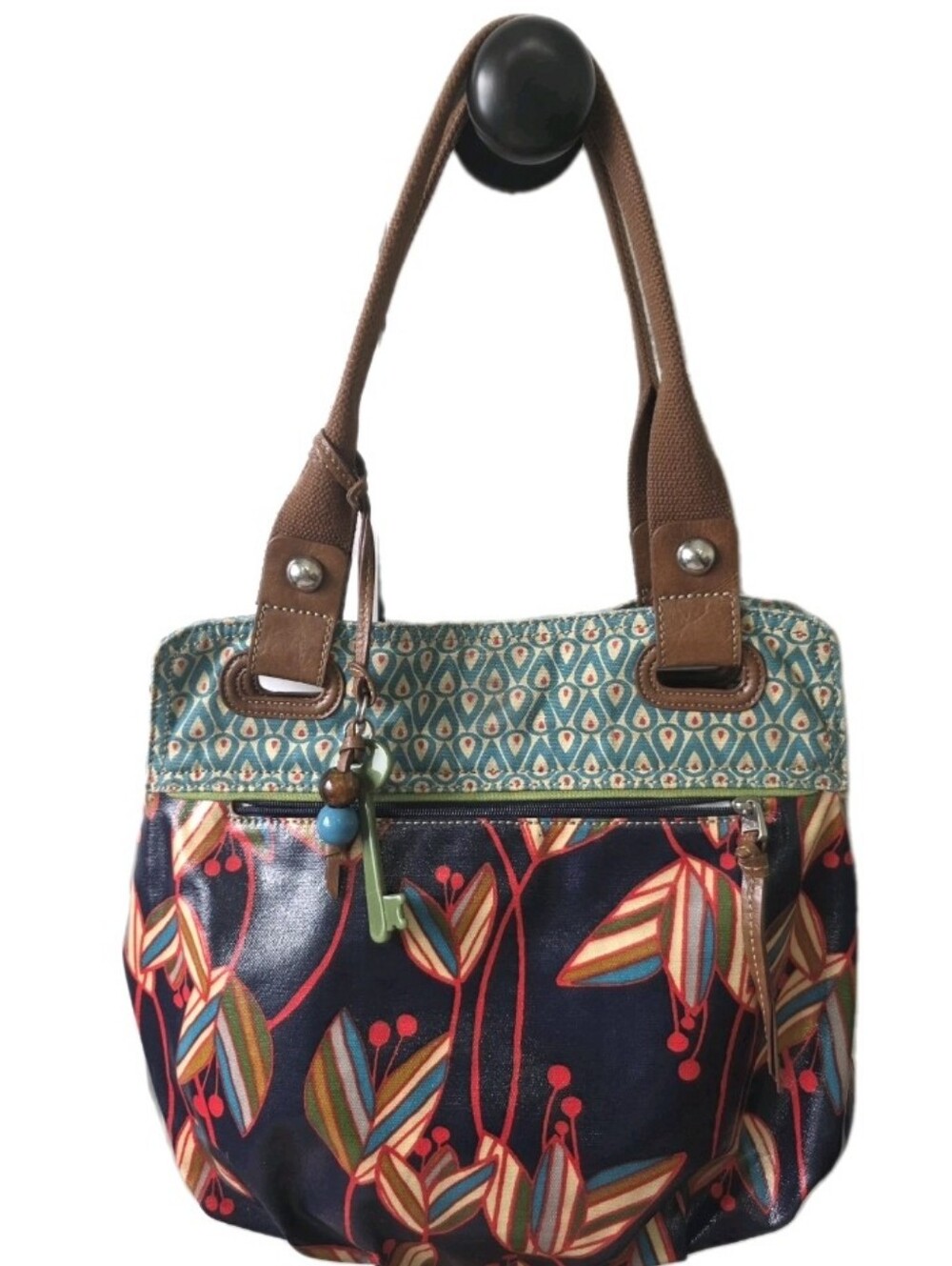 Vintage Y2K Fossil Key Per Coated Retro Floral Canvas Leather Trim Hobo Tote Bag - Picture 12 of 13